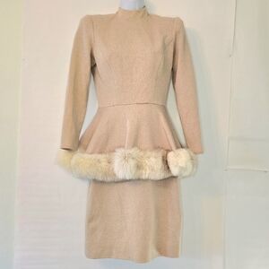 Victor Costa Peplem Wool & Fur Cream Dress